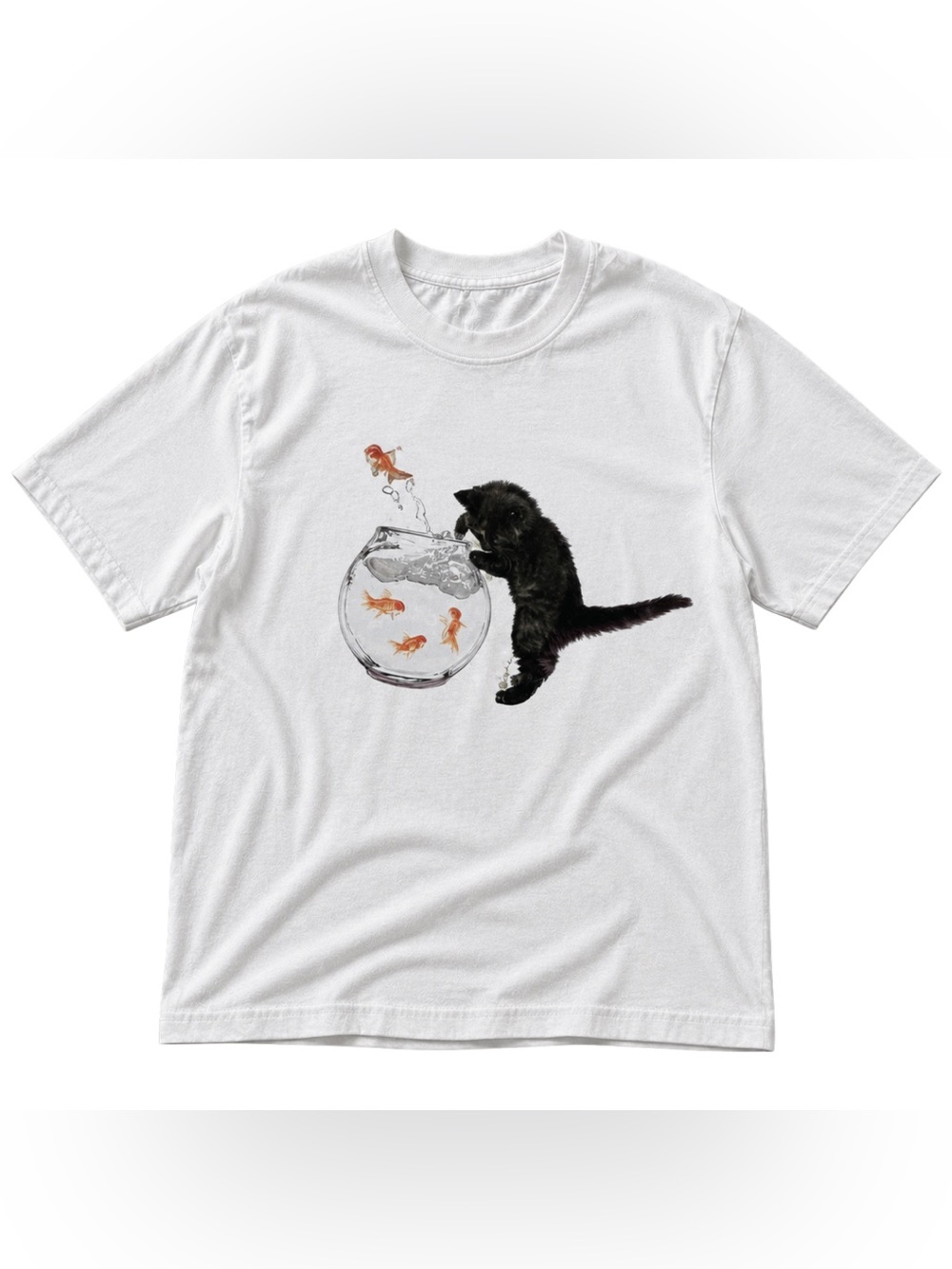White Gildan T-Shirt with Black Cute Cat and Orange Goldfish Graphic